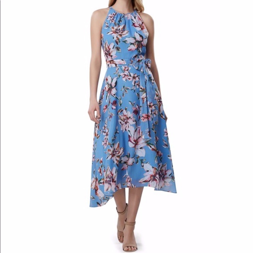 Tahari Women’s Dress,NWOT, halter style midi, floral, vibrant blue